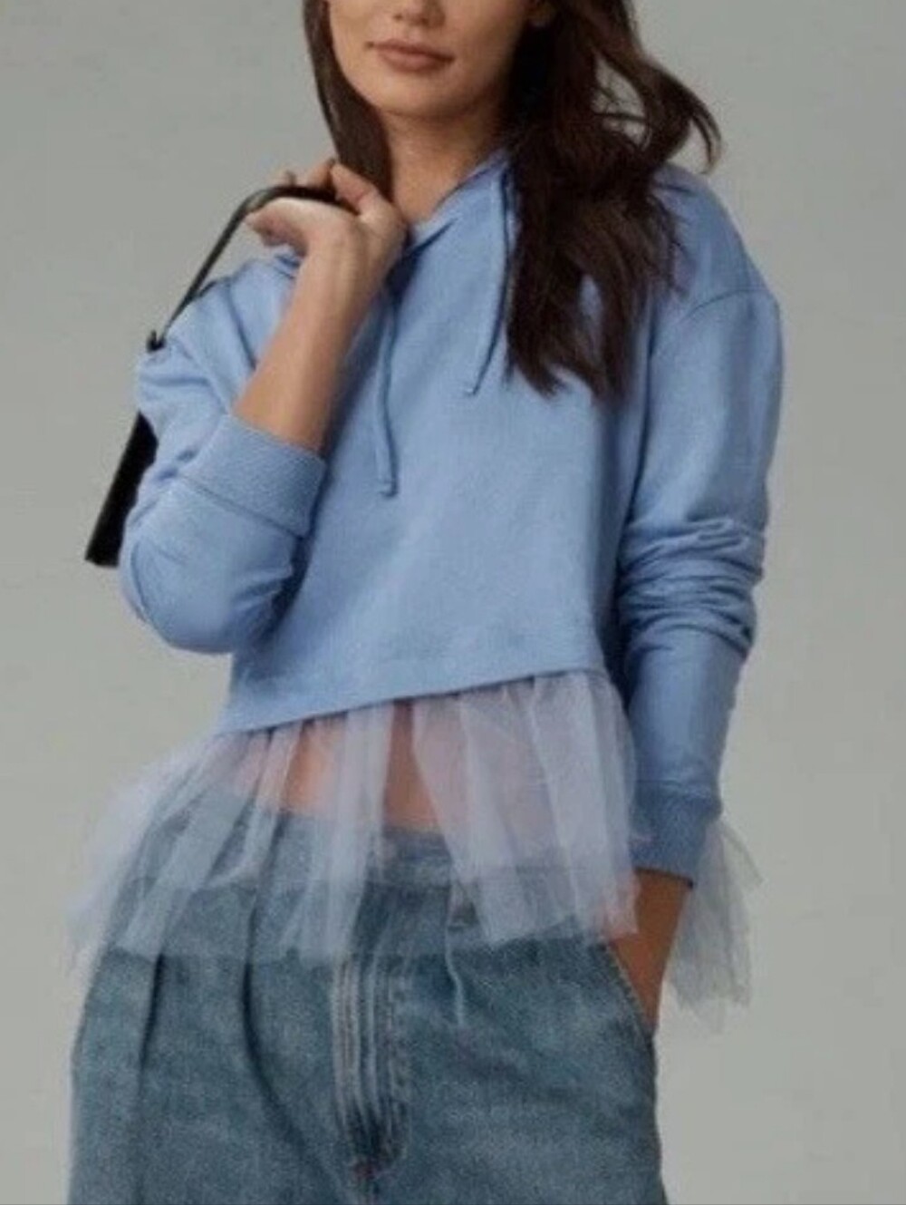 NWT Anthropologie Pilcro Sweatshirt Tulle Hem Hoodie Long Sleeve In Blue Size M